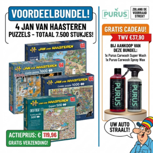 4 Jan van Haasteren totaal 7.500 stukjes + Gratis Super wash autoshampoo + Gratis spray wax