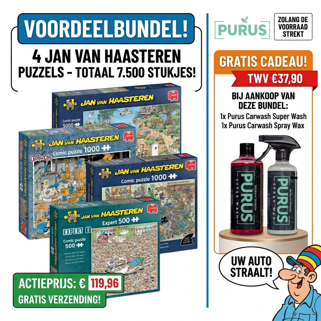 4 Jan van Haasteren totaal 7.500 stukjes + Gratis Super wash autoshampoo + Gratis spray wax